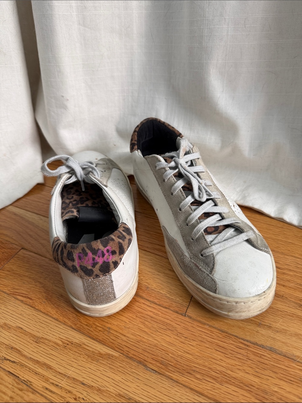 P448 White Leather Sneakers with Leopard Heel and Gray Suede